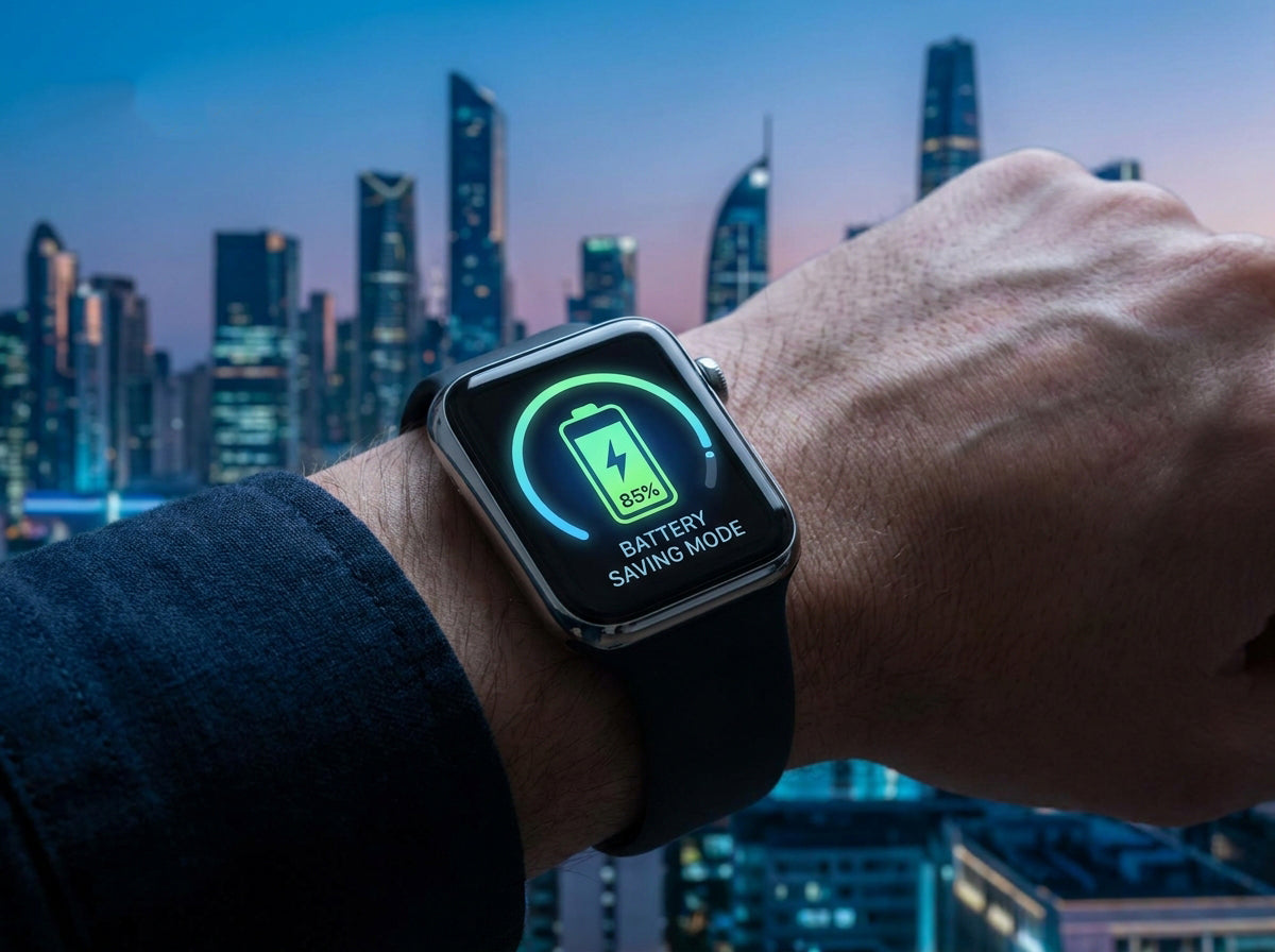 Smartwatch on wrist displaying battery saving mode at 85 percent against a city skyline