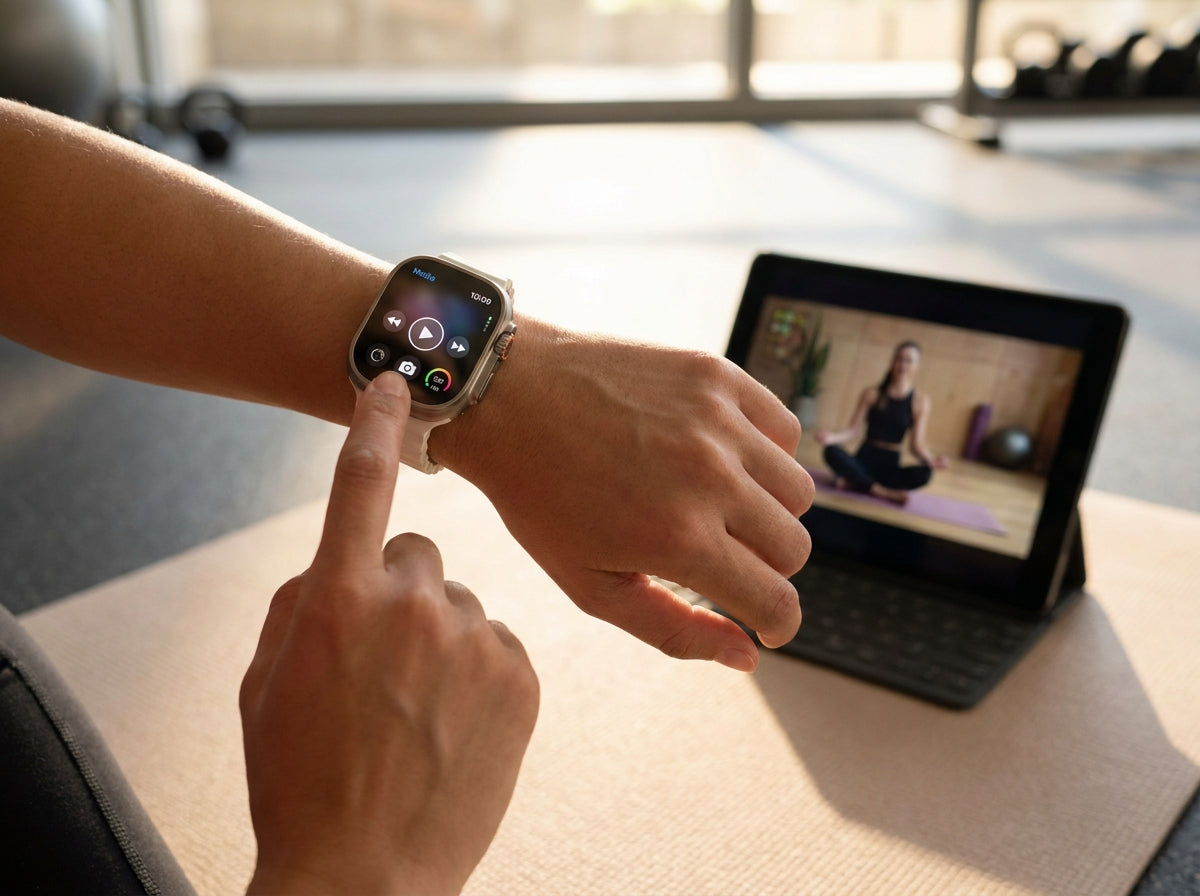 Person tapping media controls on a smartwatch screen while following a fitness video on a tablet in a gym setting